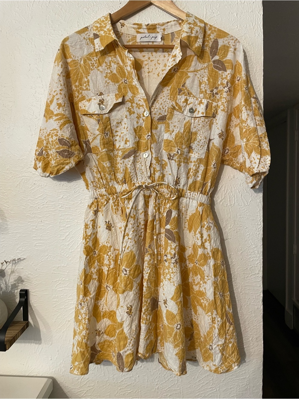 Petal & Pup Mustard Floral Print Button-Front Mini Dress Shirt Dress Size 4